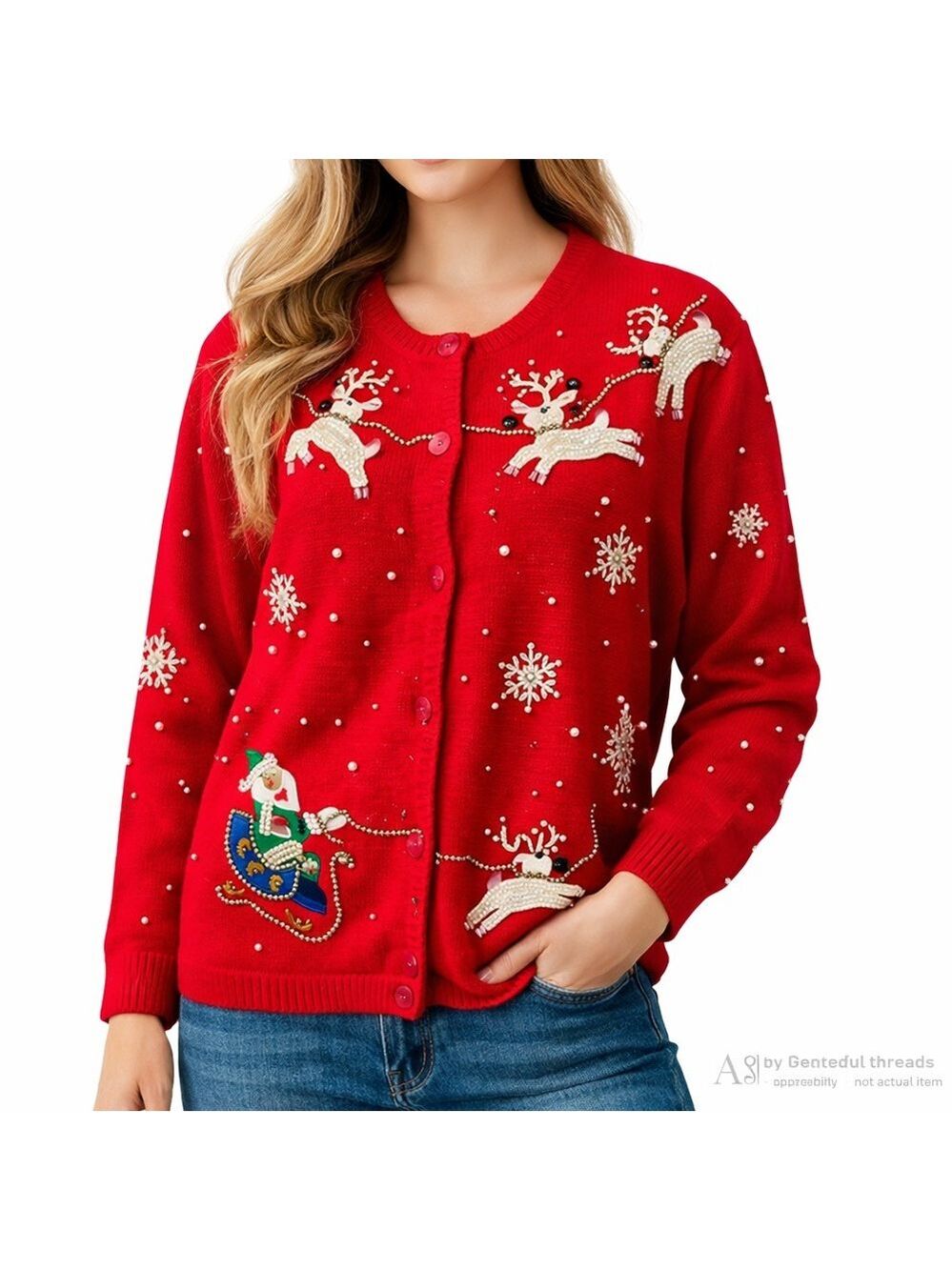 Tabi International Medium Red Beaded Christmas Cardigan Reindeer